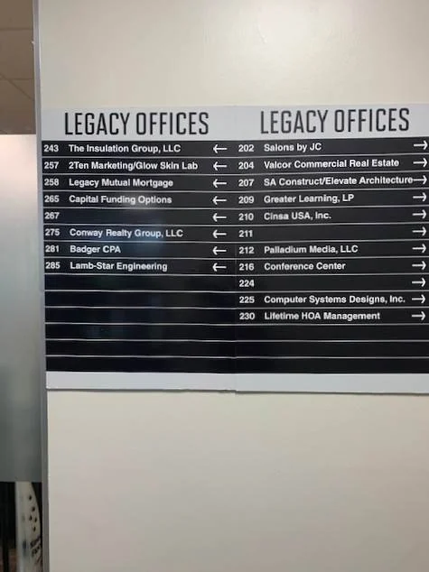 Legacy Offices, tenant directory, two sides
